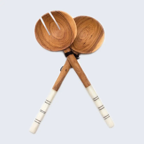 Olive Wood White Batik Bone Handle Salad Spoons